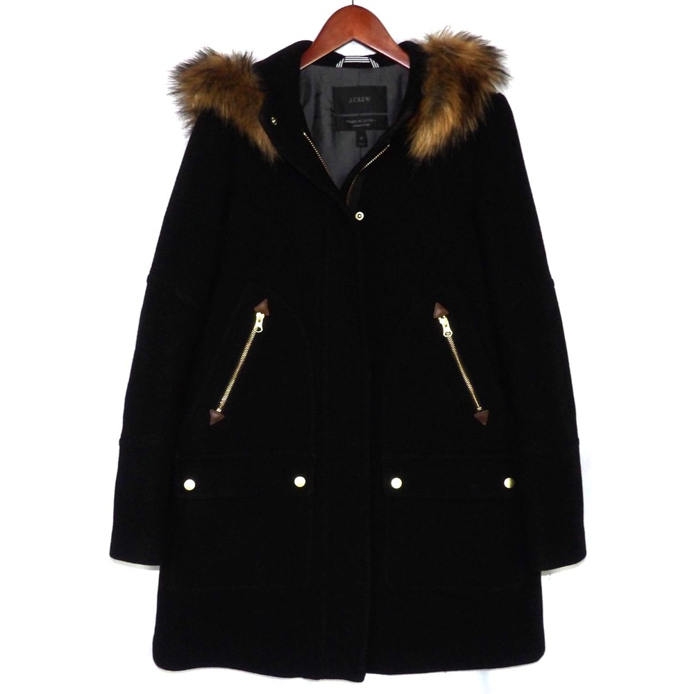 J.Crew Black Zip-Up Faux Fur Hooded Stadium Cloth NELLO GORI Coat Women's 2T